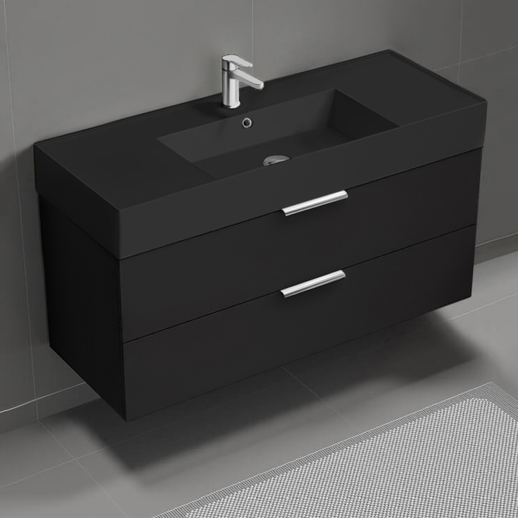 Nameeks DERIN253 Modern Bathroom Vanity With Black Sink, Wall Mount, 48 Inch, Matte Black